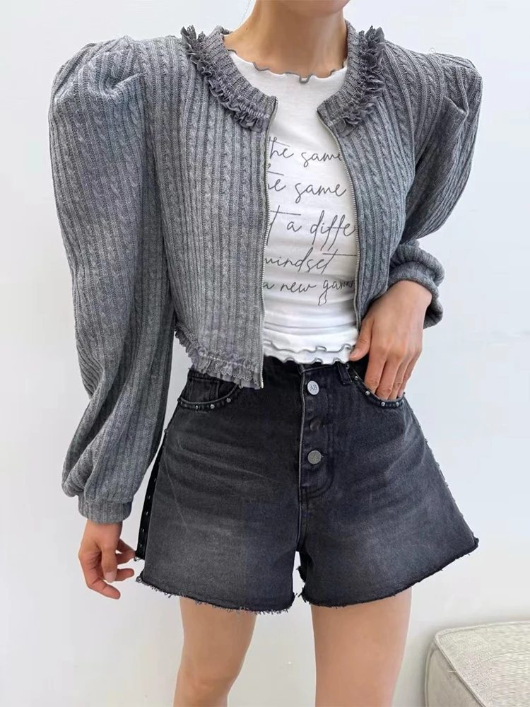 

Chic Autumn New Sle Spliced Lace Long Sve Zipper ort Twist Knitted Open Cardigan Coat for Young Women Commute Sle