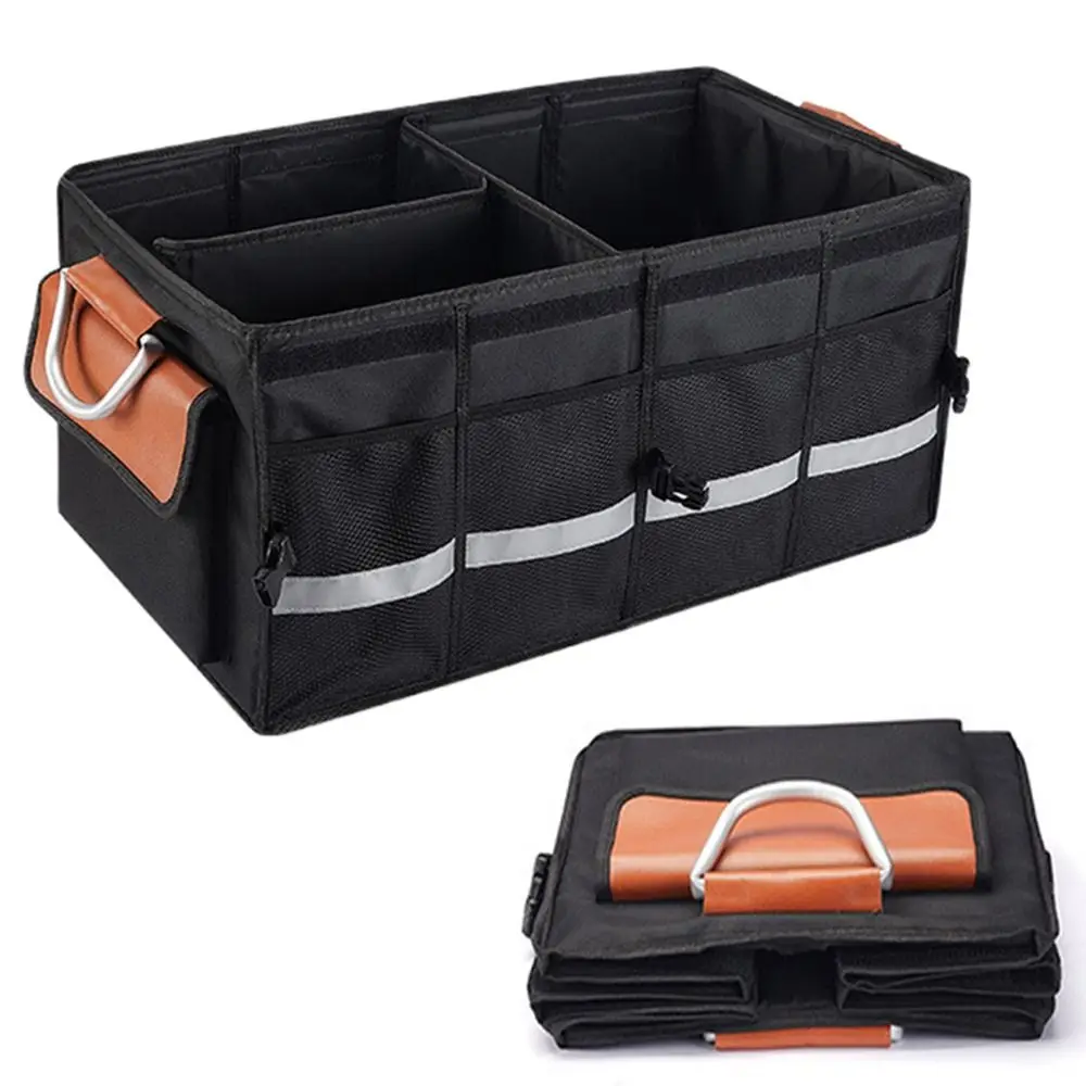 Collapsible Trunk Storage Organizer Multi-Compartment Reflective Strip Trunk Storage Bag Aluminium Alloy Handle Large Capacity