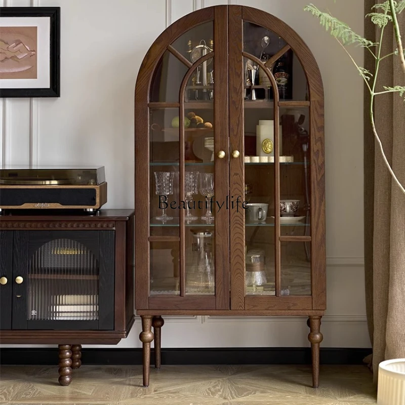 

French retro figure cabinet solid wood arched display glass living room TV side cabinet