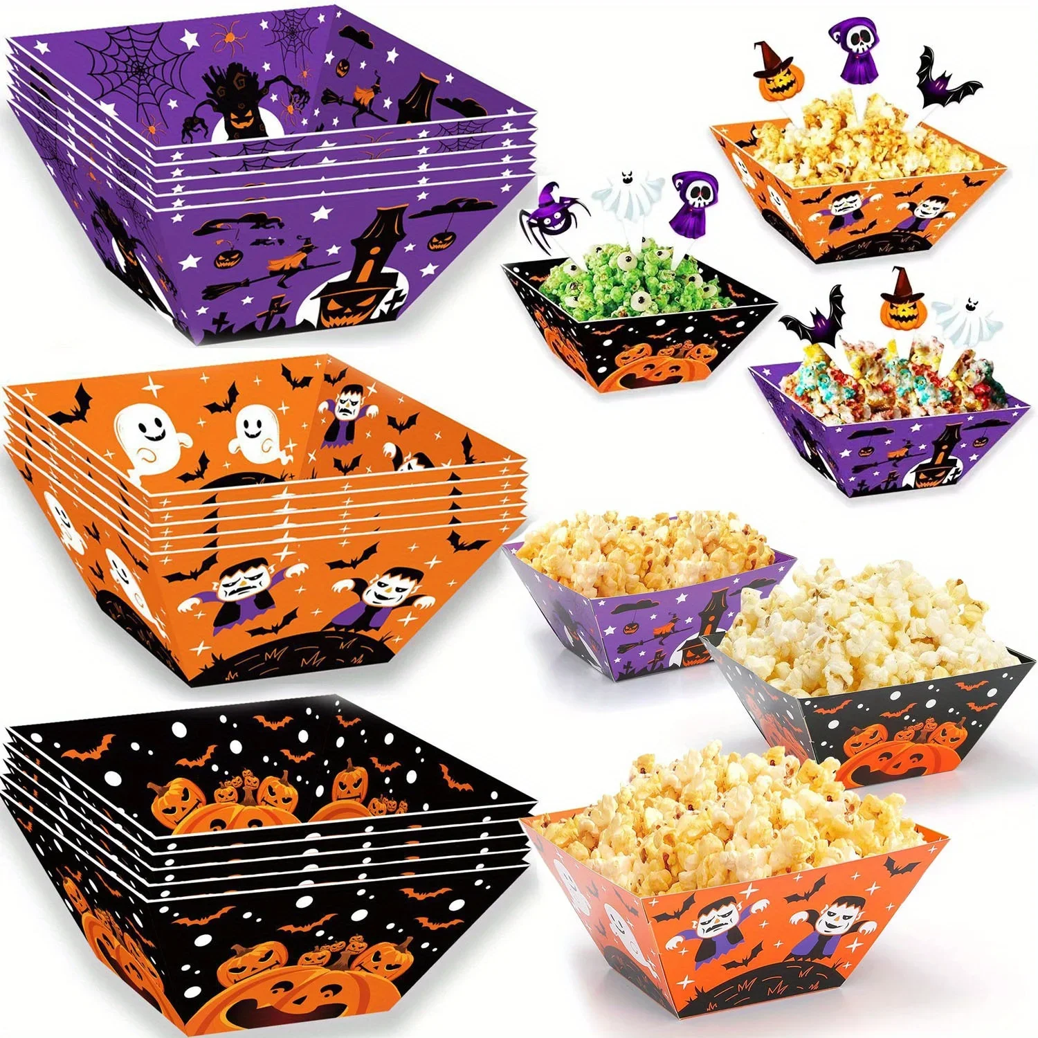 Halloween Candy Cookie Plate, Pipoca Tigelas, Doces ou Doces Recipientes Lanche, Favor Festa de Aniversário Suprimentos, 12Pcs