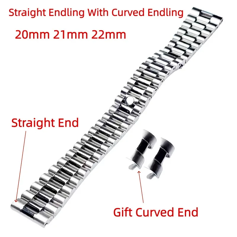 President 20mm 21mm 22mm 3 Beads Stainless Steel Silver Hidden Clasp Solid Straight Curved End Watch Strap Band For RLX Watch
