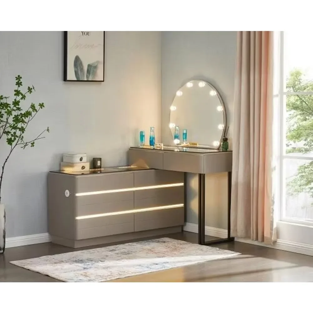 Modern Stylish LED Light Vanity Table Set with Oval Mirror Beauty Space Essential with Ample Drawers for Bedroom Makeup