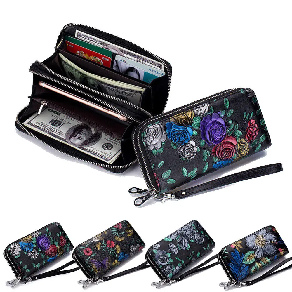 

Genuine Leather Women's Wallets Floral Long Large Capacity Female Multifunction Credit Card Houlder Purse Handbag with Wristband