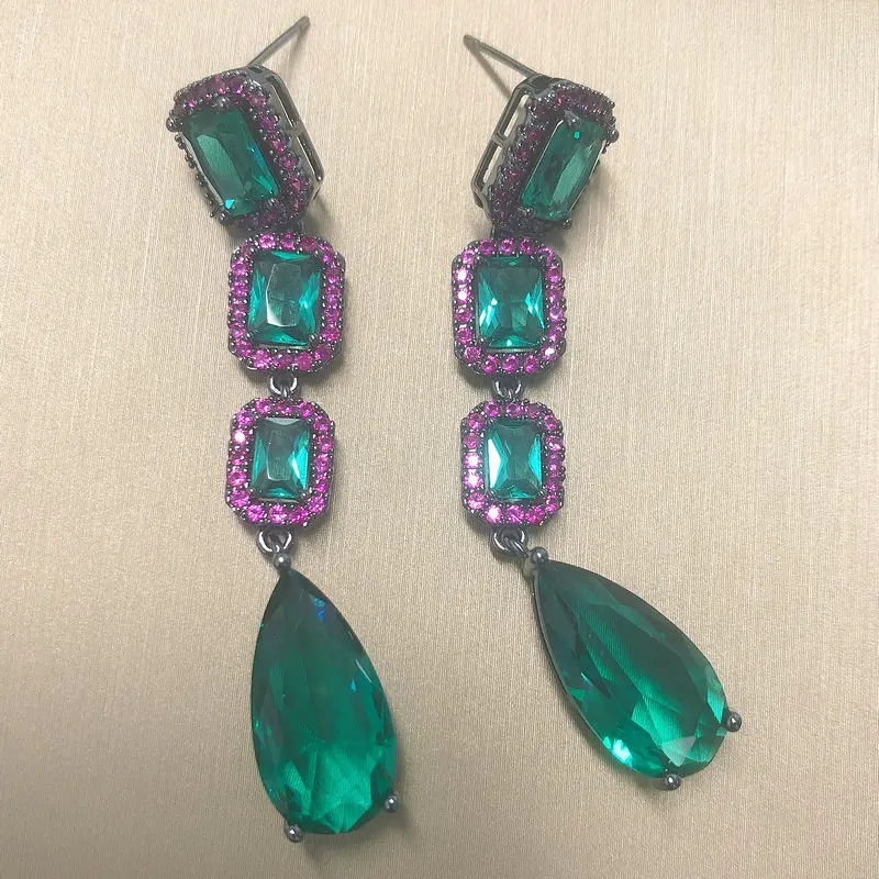 Bilincolor Fashion Long Evening Dark Green Cubic Zirconia Earring for Women