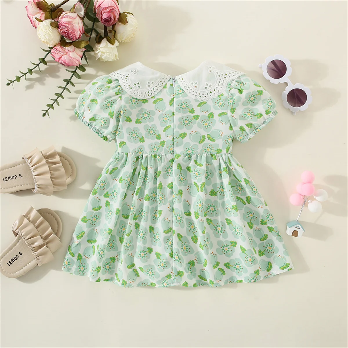 2 Pieces/Set Summer Baby Girl Lace Lapel Peach Blossom Chiffon Short Sleeve Knee-length Cool Dress+Bag