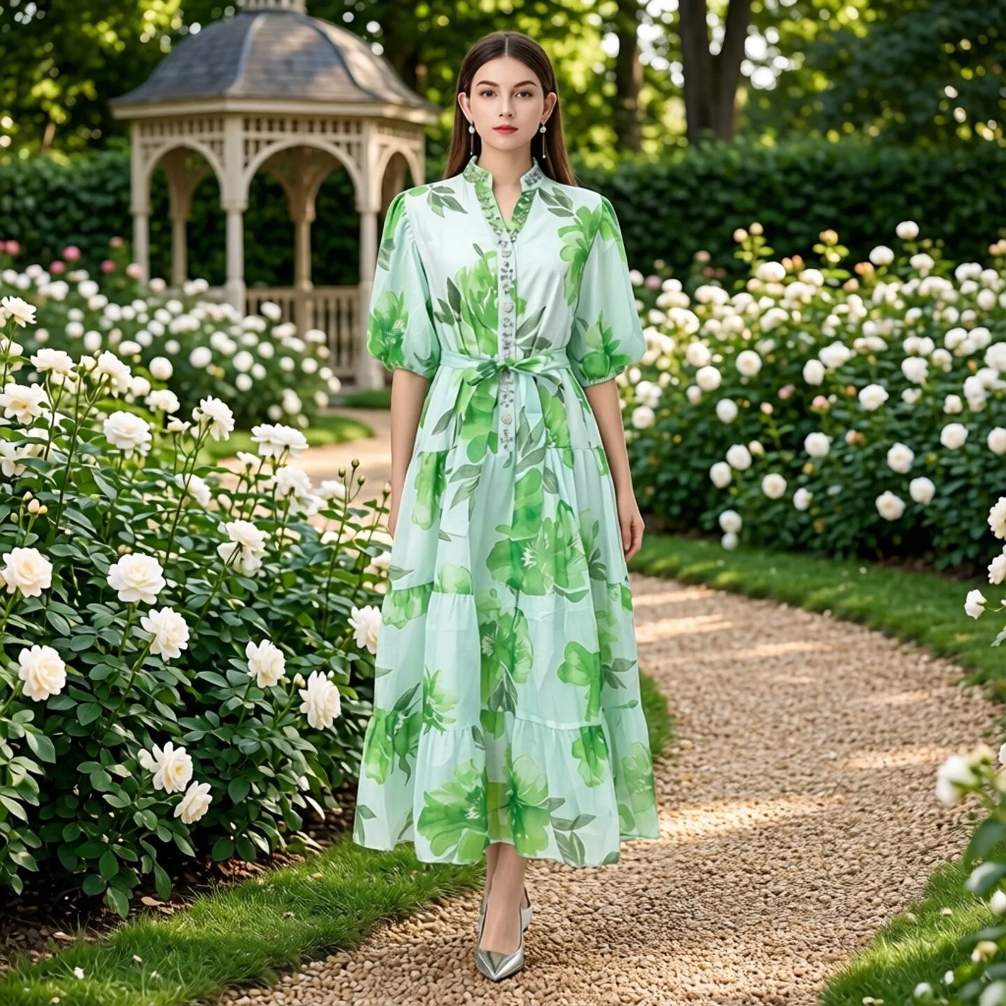 

French Style Floral Print Dress Beach Vacation Bubble Sleeve Embellished Lantern Sleeve V-Neck Midi Dress for Women