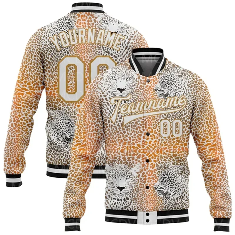 Custom Orange Black Leopard 3D Pattern Design Bomber Full-Snap Varsity Letterman Jacket