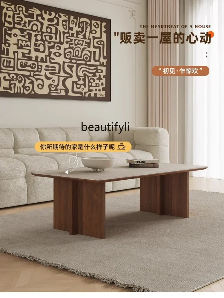 

02C French Vintage Style Cave Stone Stone Plate Tea Table Living Room Home Black Walnut Solid Wood Tea Table