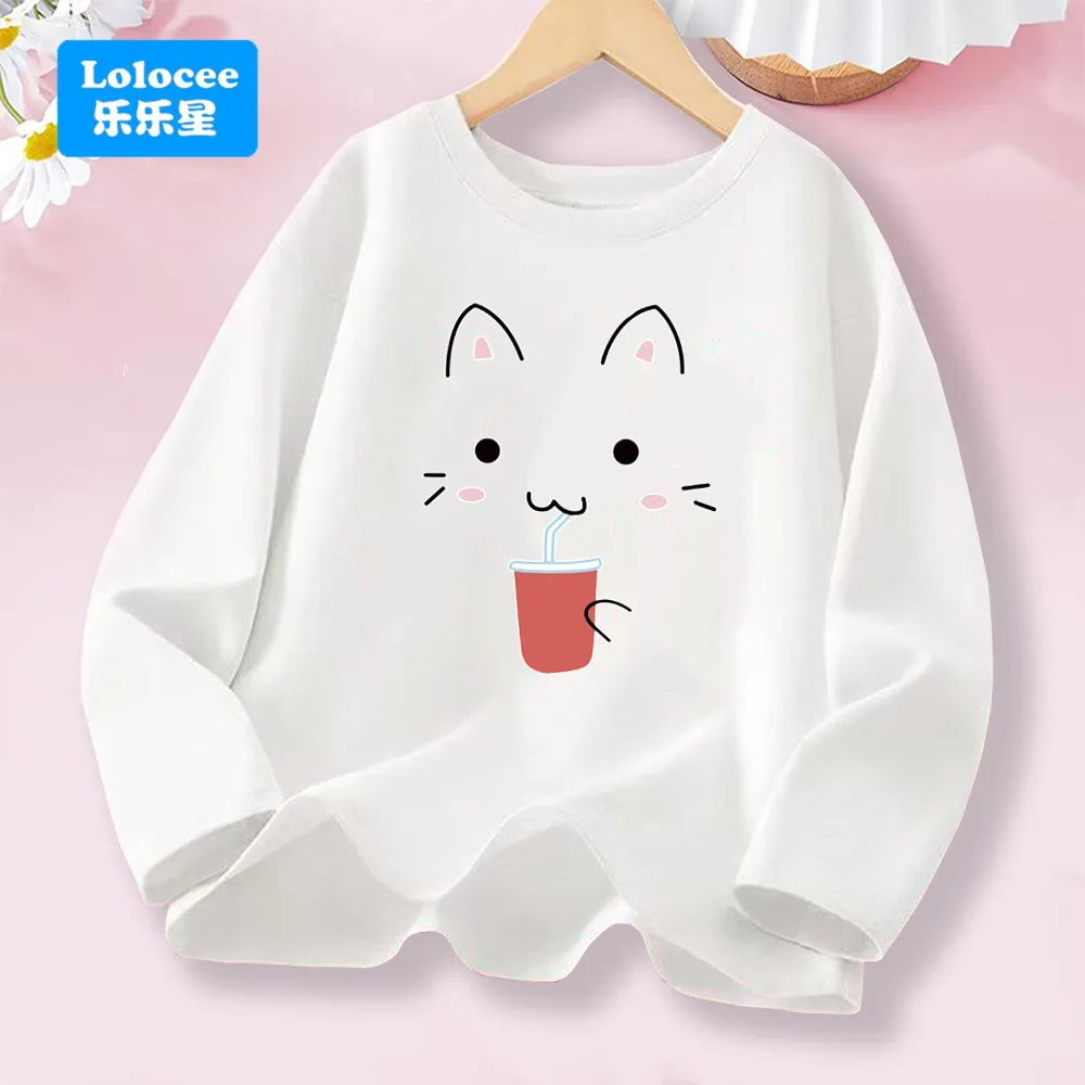 Girls' Long-Sleeve Cotton Pink T-Shirt for Spring & Autumn Sweet Kitty Drinking Graphic Tops