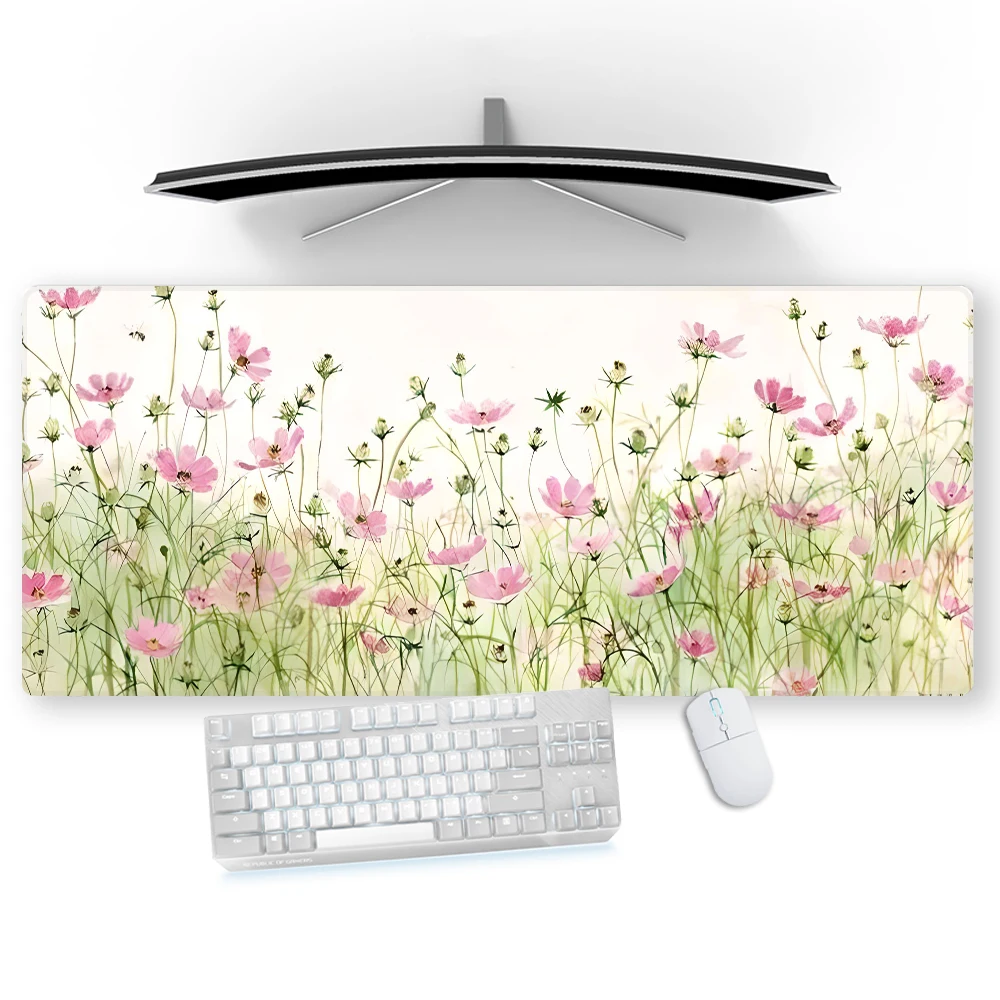 Mouse Pad Flowers Green Office Mat Purple and White Mouse Carpet Floral Print Mats Desk Accessories Plant Mousepad 60x35 80x30