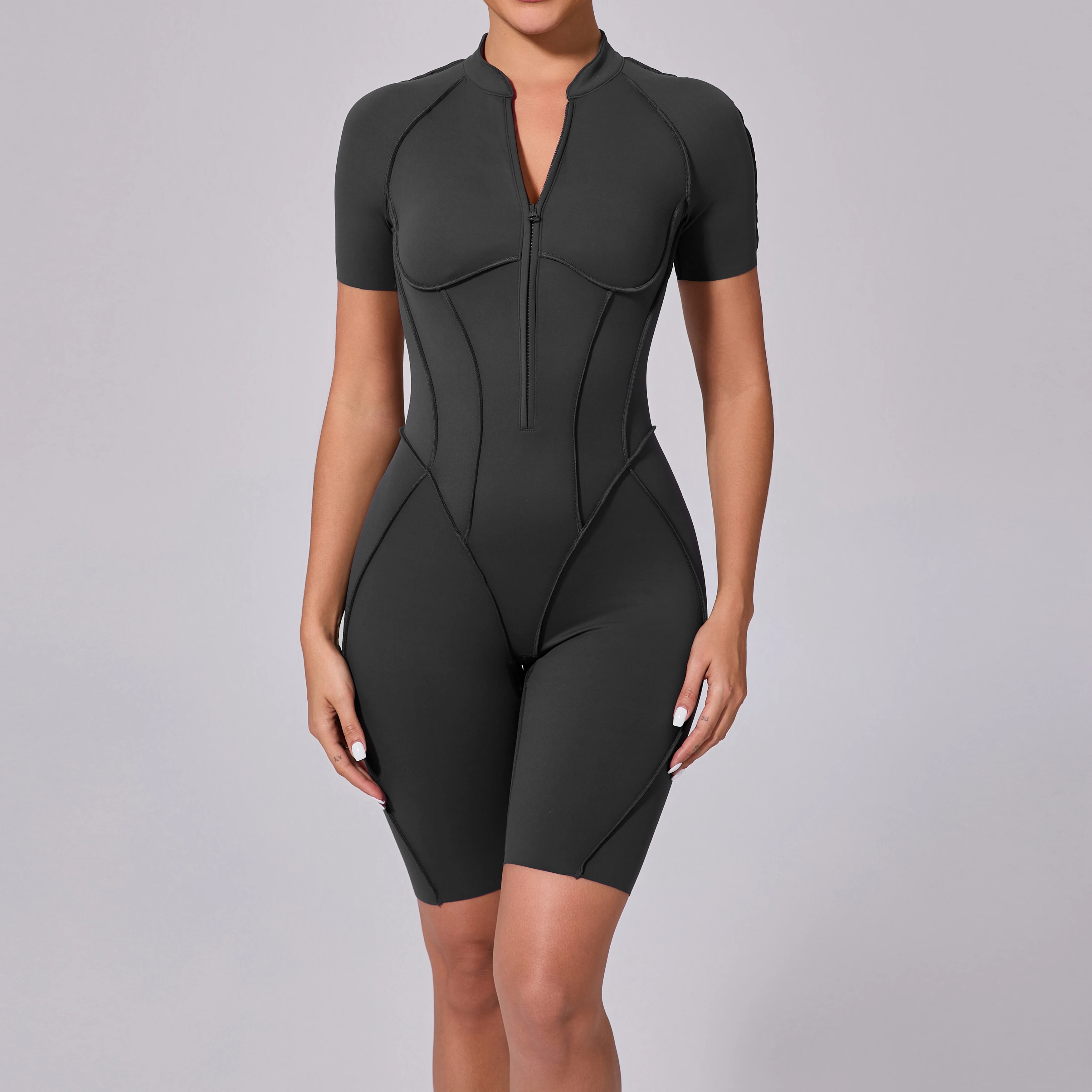 Summer Zipper Workout Jumpsuit Sports Overalls Women Running Fitness Short Sleeve Yoga Bodysuit