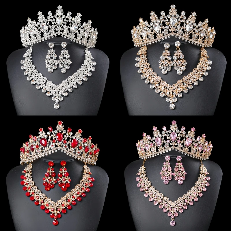 Tiaras y coronas de diamantes de imitación de lujo, collar, pendientes, diadema, conjunto para mujer, accesorios para el cabello de boda, conjunto de corona de joyería