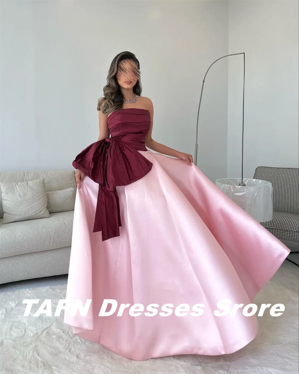 TAFN Princess A-line Formal Evening Dresses Contrast Color Satin Prom Gown Strapless Big Bow Floor-Length Party Dresses