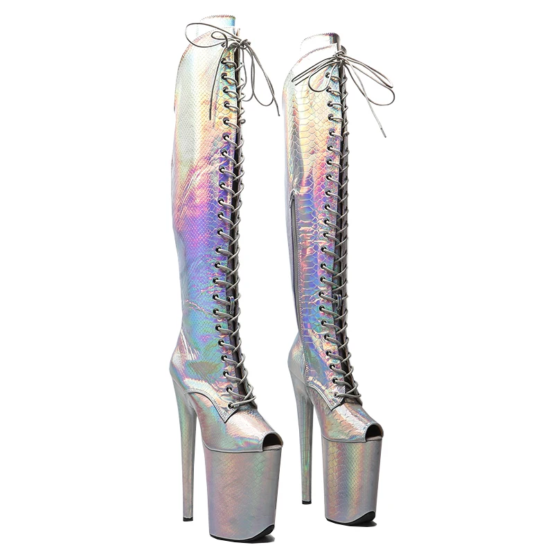 

Leecabe 23CM/9inches Shiny Snake PU open toe fashion lady High Heel platform Pole Dance boots