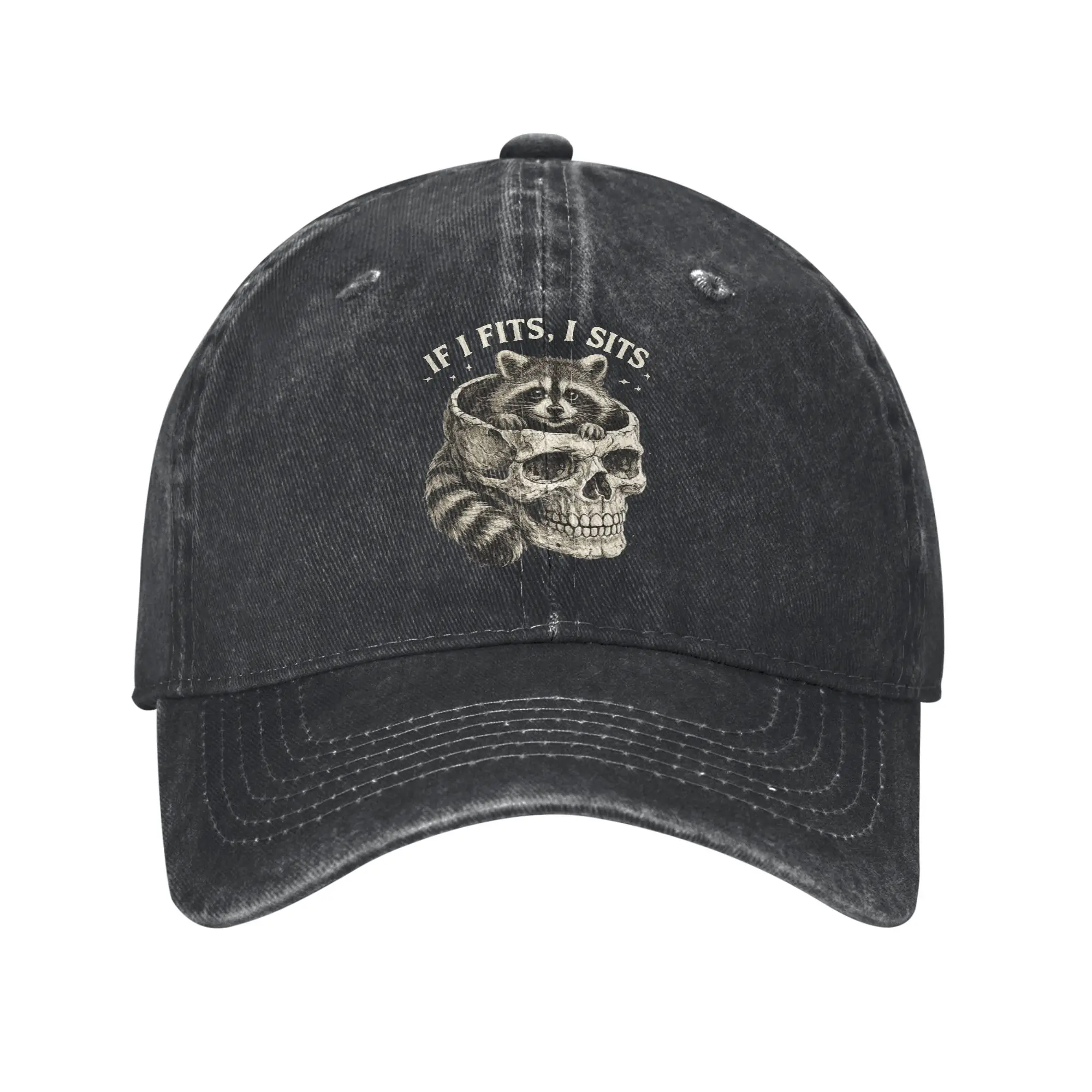 If I Fits I Sits Racoon Skull Gothic Dark Humor Style Washed Baseball Cap  Fashion Sun Hip Hop Hats Summer Fishing Baseball Caps