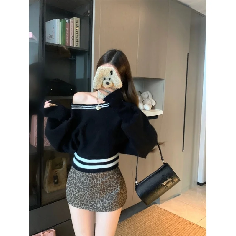 Suéter E de Manga Larga con Hombros Descubiertos para Mujer, Estilo Ajustado, Cuello Redondo, Jersey, Novedad de Otoño...