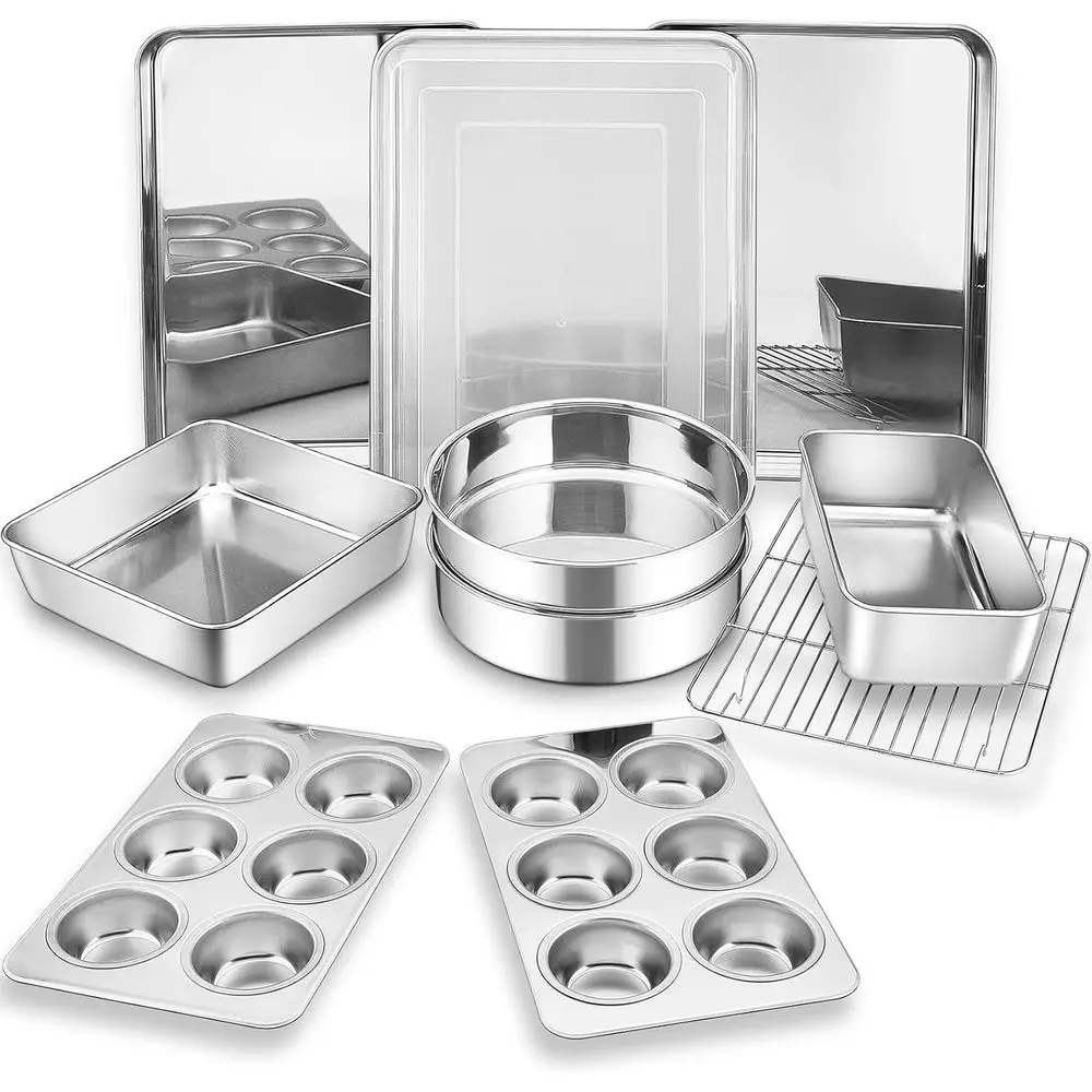 

Наборы для выпечки, 11 предметов из нержавеющей стали: противни, решетка, форма для лазаньи с крышкой, круглая/квадратная форма для торта, формы для маффинов, форма для хлеба.