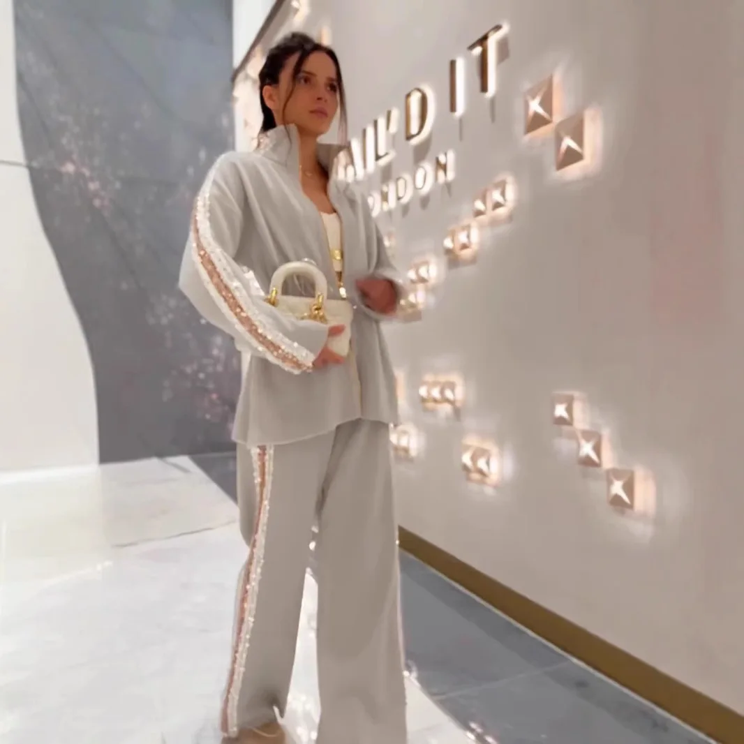 

Осенняя куртка с блестками, брюки, женский наряд, элегантное пальто на молнии с длинными рукавами, широкие брюки с эластичной резинкой на талии, уличный женский комплект