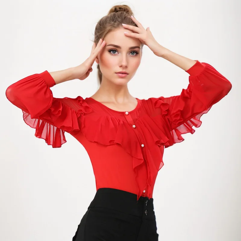 شبكة المرقعة اللاتينية ممارسة الرقص دعوى قاعة الرقص البطن زي طويلة الأكمام أعلى المرأة الفالس الكلاسيكية خط جديد الراين قميص