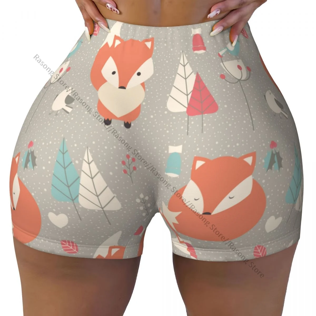 Spandex Yoga Shorts for Women Fox Pattern Workout Booty Shorts