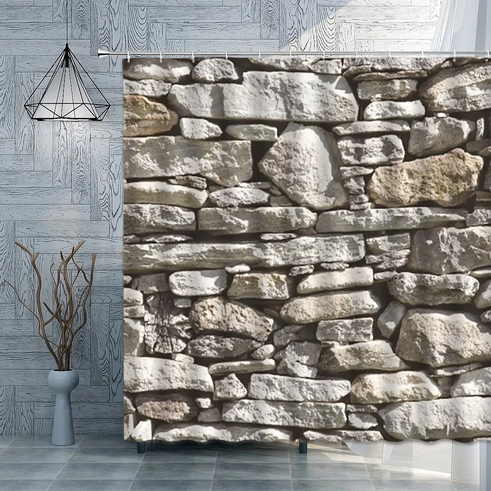 Brick Stone Wall Shower Curtain Vintage American Country Retro Printing Pattern Garden Background Screens Custom Bathroom Decor