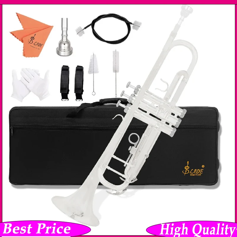 SLADE Silvering Bb Standard Trumpet Set Brass Student Beginners Trumpet Instruments with Box 7C Blowing Nozzle Gloves