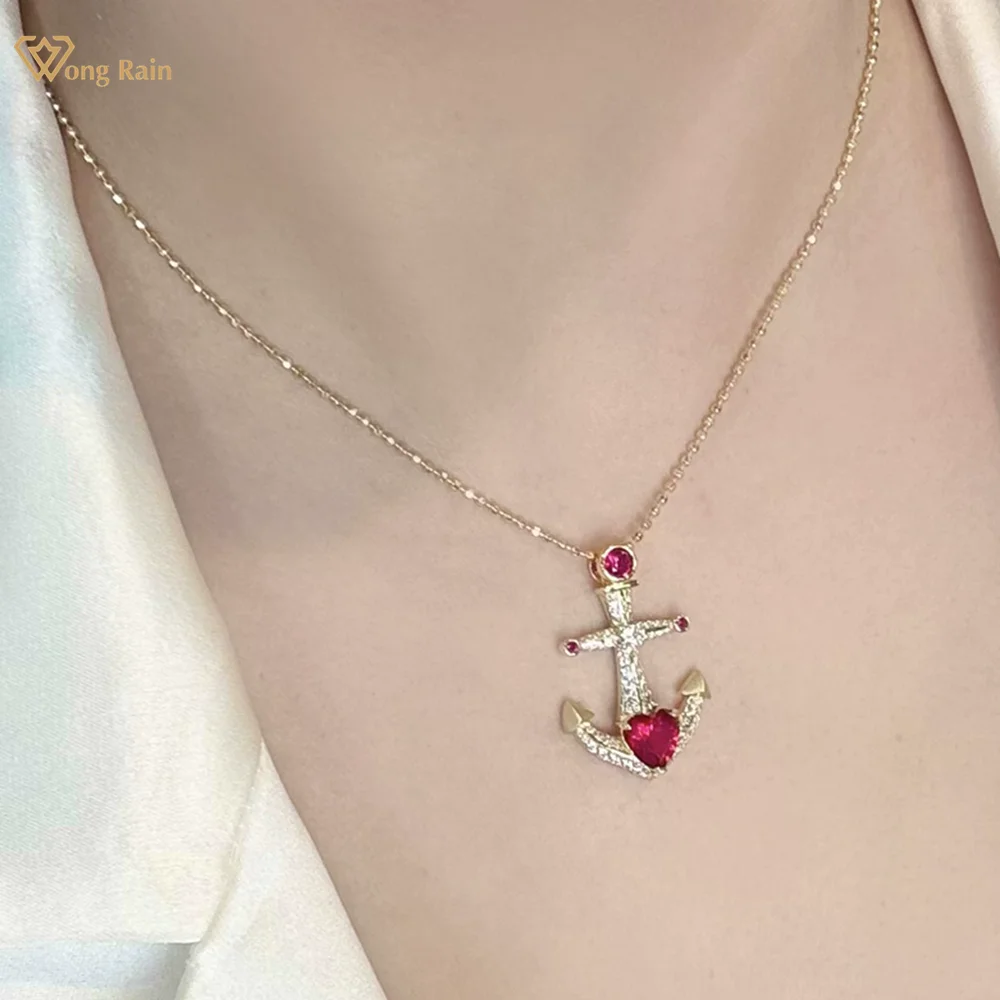 

Wong Rain Sparkling 925 Sterling Silver Heart Cut 8*8 MM Red Sapphire High Carbon Diamond Gemstone Pendant Necklace Fine Jewelry