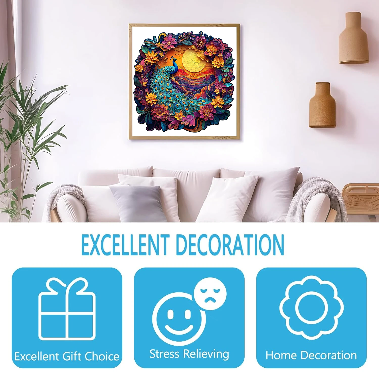 Wooden Puzzle for Adults - A Wreath Peacock Puzzle, Unique Shape Wooden Jigsaw Puzzles, Modern Art Home Decor, Good Gift Idea