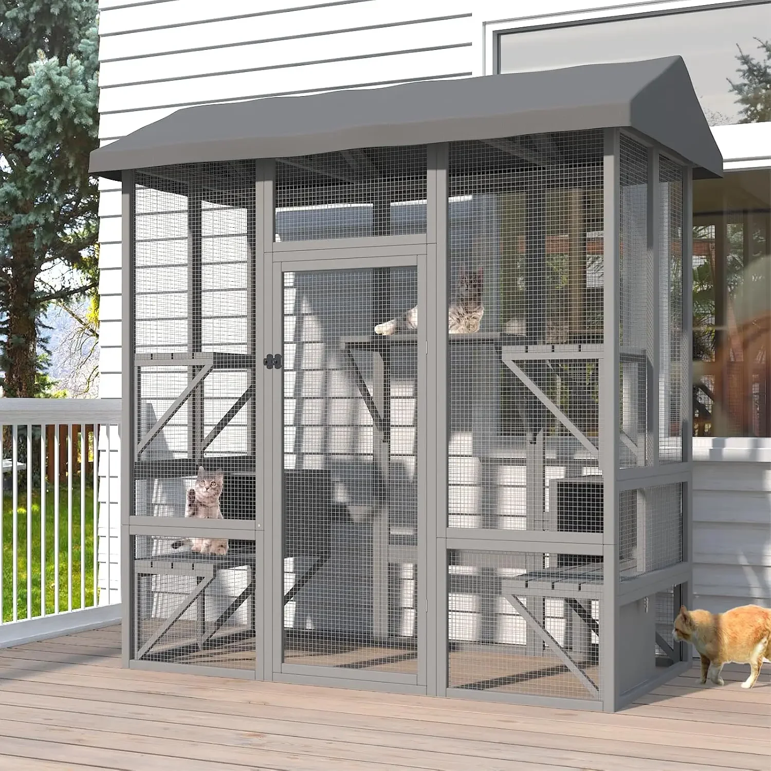 Catio Outdoor Cat Enclosure, Large Cat House for Mulitiple Cats Walk in Cat Cage with Waterproof Cover and Sunshine Panel Roof