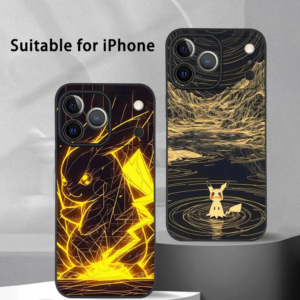 حافظة هاتف Pikachu Mimikyu Line Art لهاتف آيفون 17 16 15 14 13 12 11 Pro Max Plus Mini Black Frosted Soft Shell Funda