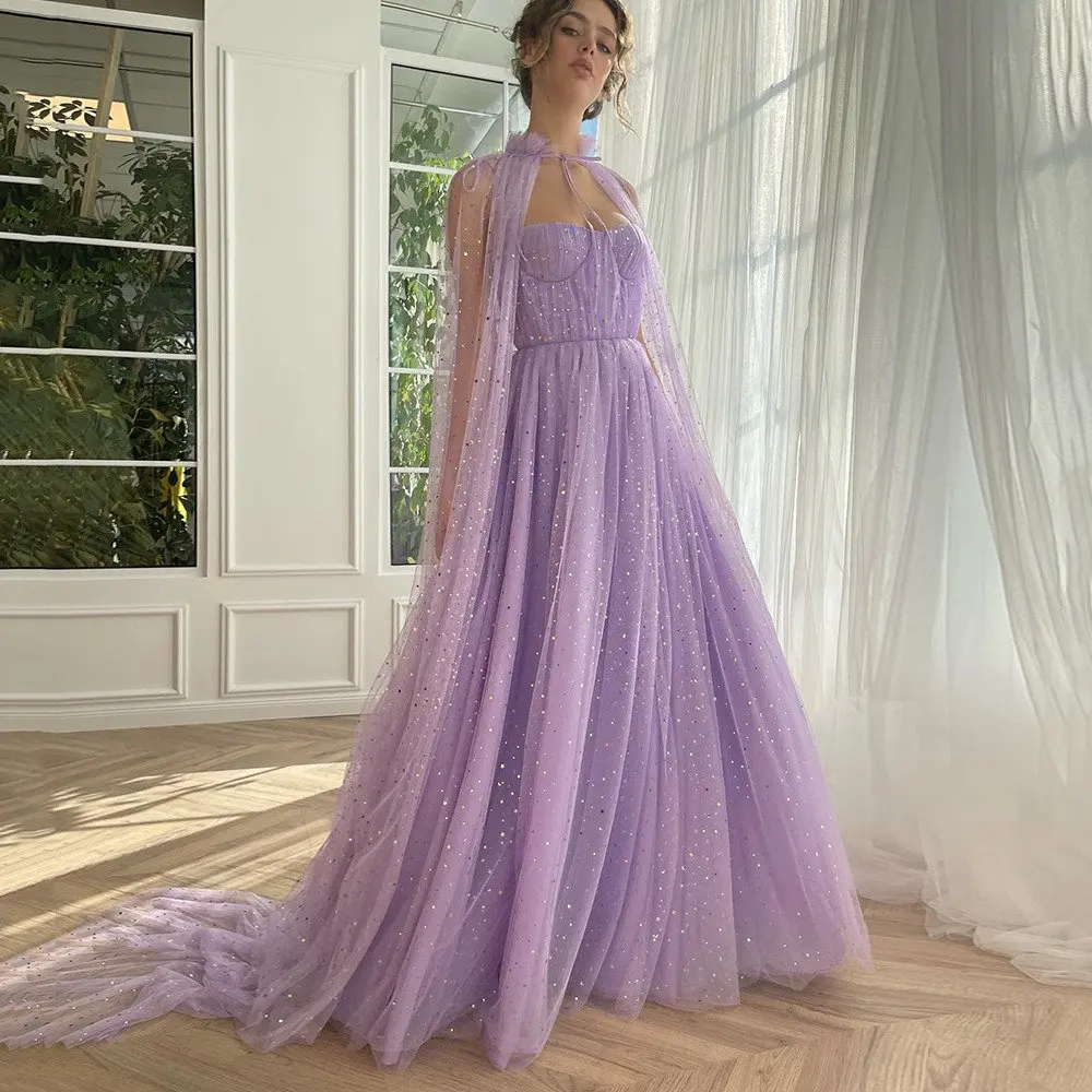 

Sparkly Lavender Prom Gowns Glitter Sequin A Line Spaghetti Strap Graduation Gowns With Detachable Cape Sleeves Evening Dress