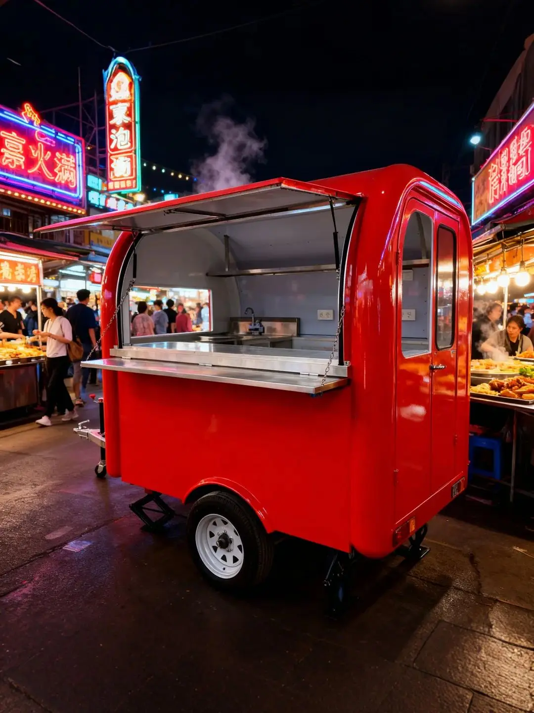 

Основной корпус прицепа для еды на открытом воздухе Ярко-красная круглая форма со складным сервировочным окном