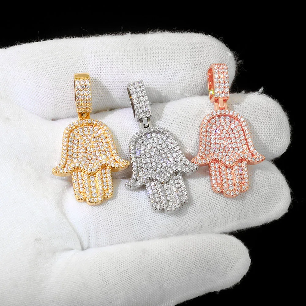 ESKEEM Wholesale Hip Hop Iced Out CZ Hamsa Hand Pendant Necklace Jewelry for Women Men Gold Silver Charm Diamond Pendant Gift