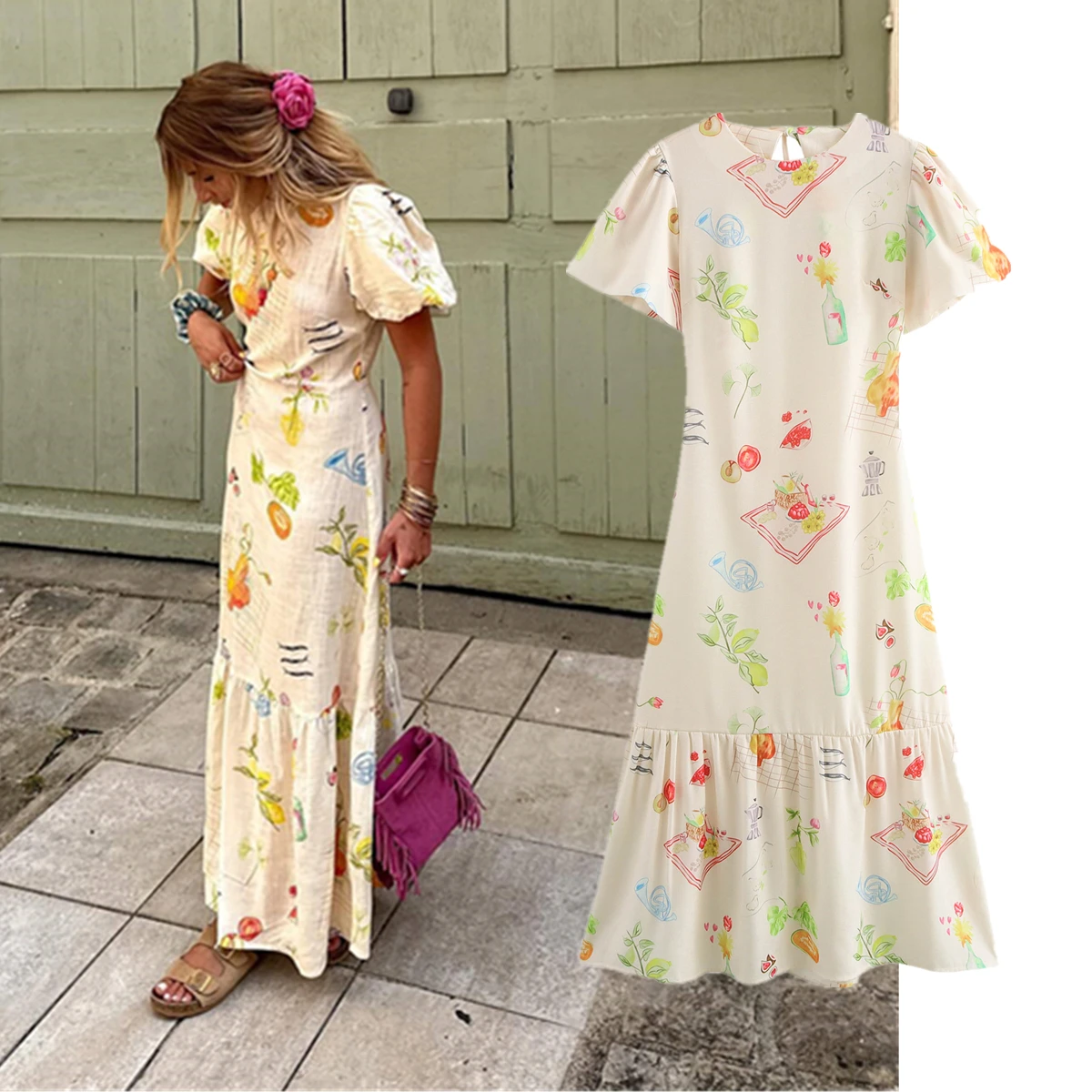 

Dave&Di French Elegant Floral Print Short Sleeved Dress Women Holiday Fashion Ladies Midi Dress