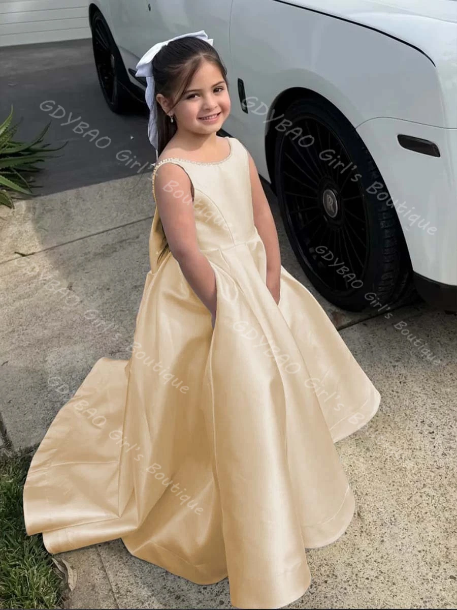 Vestido de princesa personalizado para niñas, vestido de flores con espalda abierta y perlas con lazo/tren, vestido largo de fiesta de boda y comunión para niños