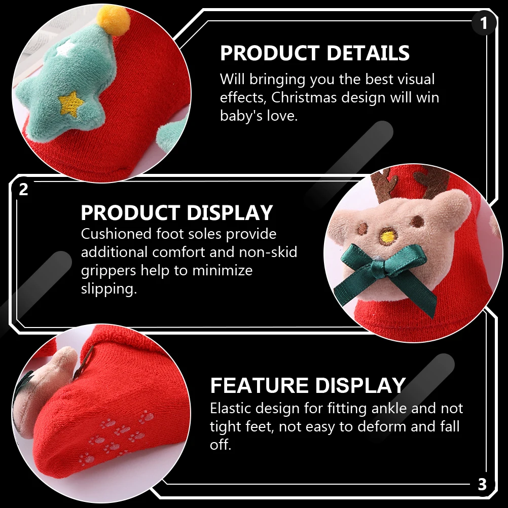 

Christmas Socks Thicken Warm Winter Cotton 2 Pairs Red Baby Child Toddler Newborn Tree Pendant Non Slip Grippers Cushioned Foot
