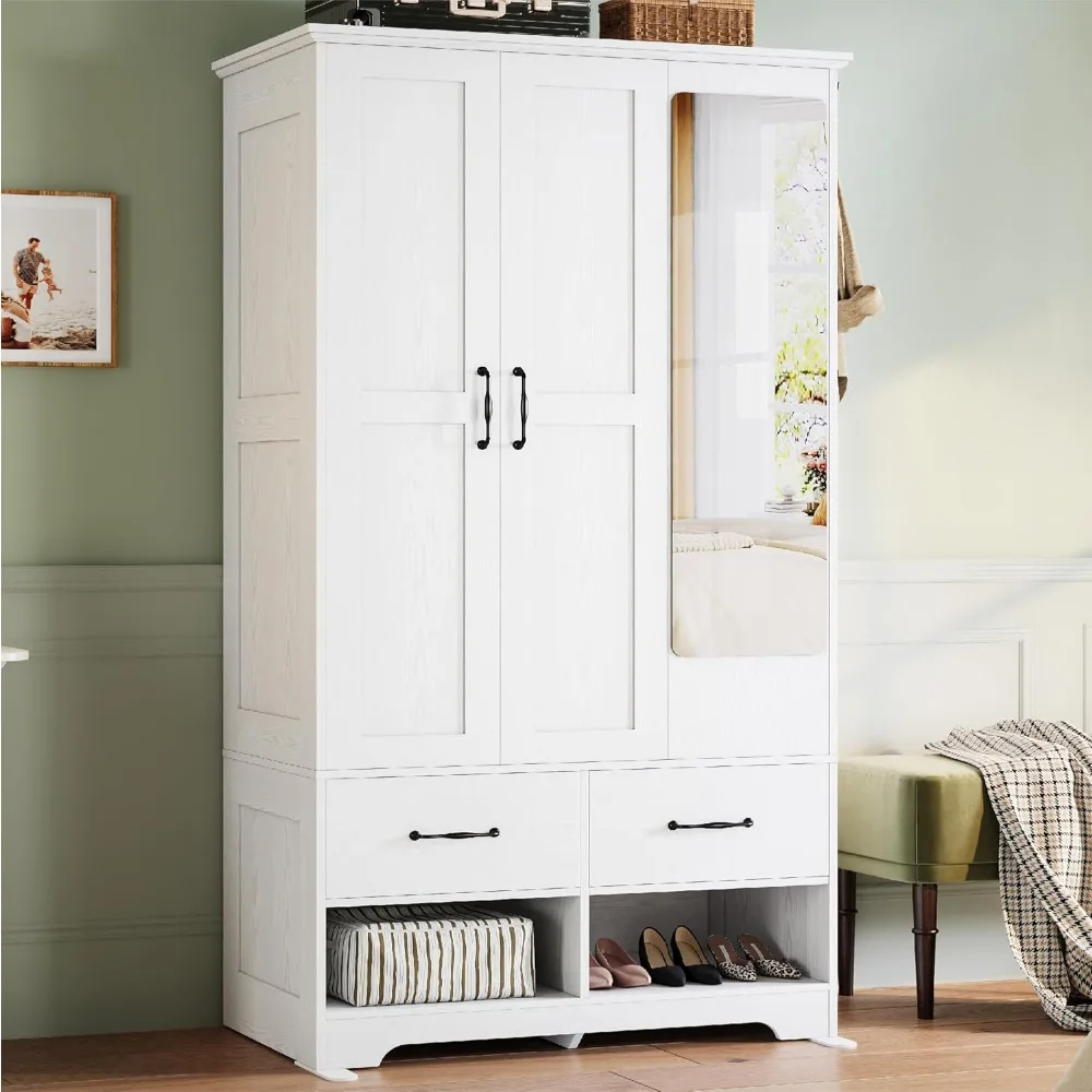 

3 Doors Armoire Wardrobe Closet with Mirror, 2 Shoe Racks, 70" H Wooden Bedroom Armoires with 2 Drawers and Adjustable Shelves,