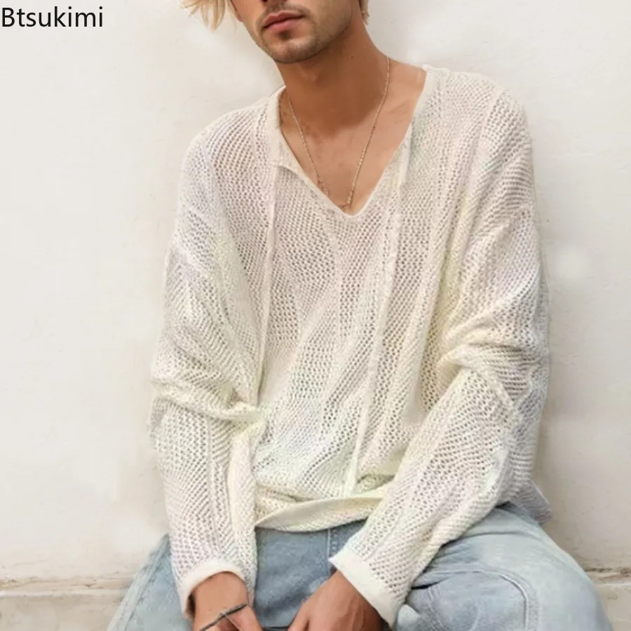 2025 Men's Streetwear Knitted Pullover Tops Sexy See Through Hollow Out Knit T Shirts Men Fashionable Loose V Neck Lace-up Tees
