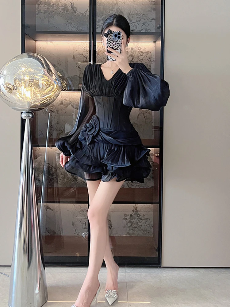 Luz de luxo cetim magro vestido de baile vestidos primavera feminino mangas compridas com decote em v vestido em camadas novo verão cintura alta zíper mini vestido