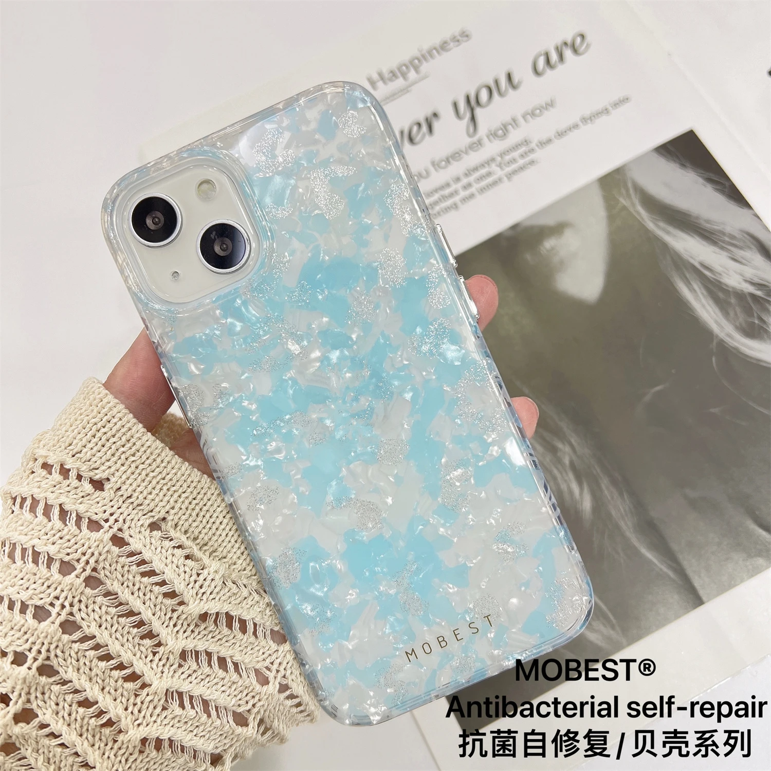 MOBEST Luxury Antibacterial Self-repair Glossy Seashell Case for iPhone 15 Pro Max 15 Plus 15 Pro 15 Shockproof Defender Cover