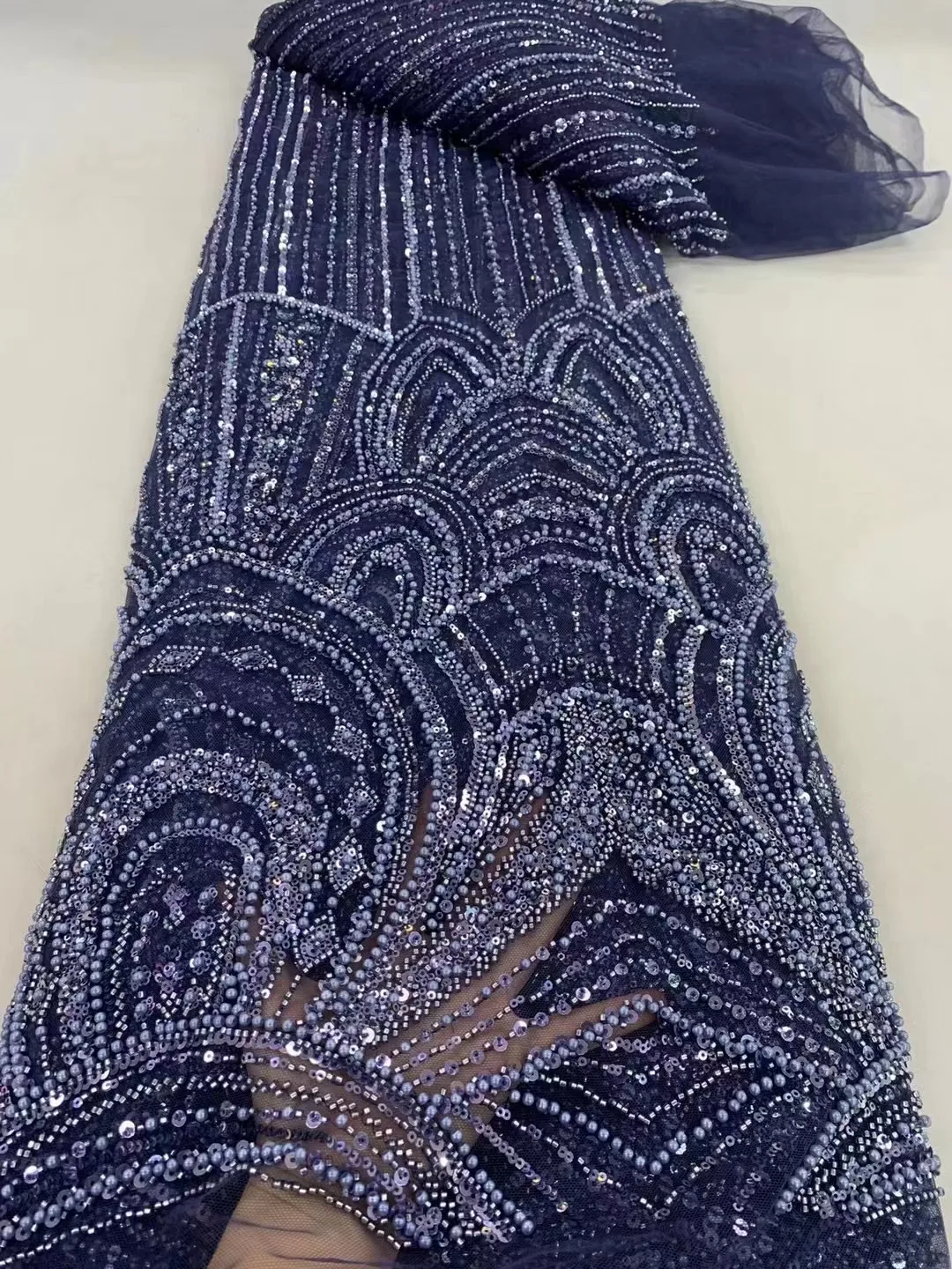 

Elegant Fashion African Sequins Lace Fabric 2024 High Quality Nigerian Bead Tube Embroidered Fabric For Party Dress 5 Yards