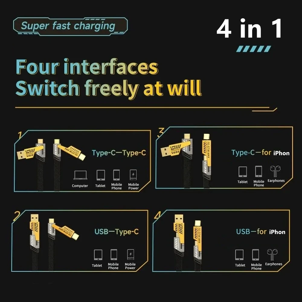 4 In 1 65W ricarica rapida da USB a tipo C cavo di ricarica rapida per Xiaomi Samsung Huawei PD 27W per i Phone 14 13 12 Pro Max