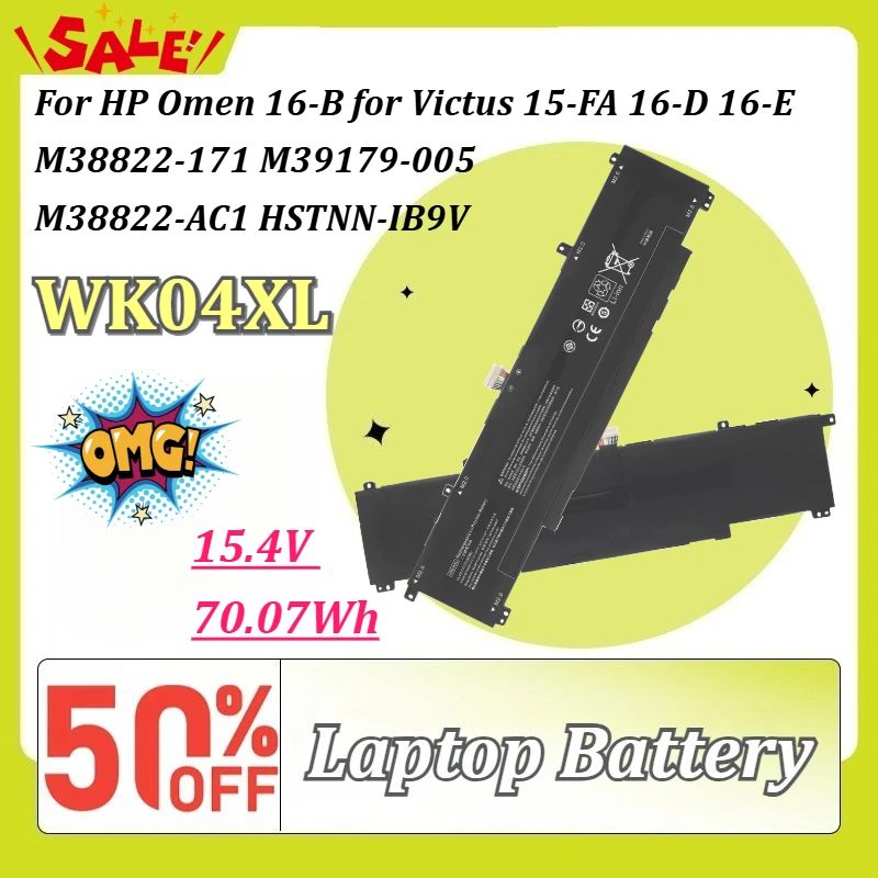 New WK04XL 15.4V 70.07Wh Laptop Battery for HP Omen 16-B for Victus 15-FA 16-D 16-E M38822-171 M39179-005 M38822-AC1 HSTNN-IB9V