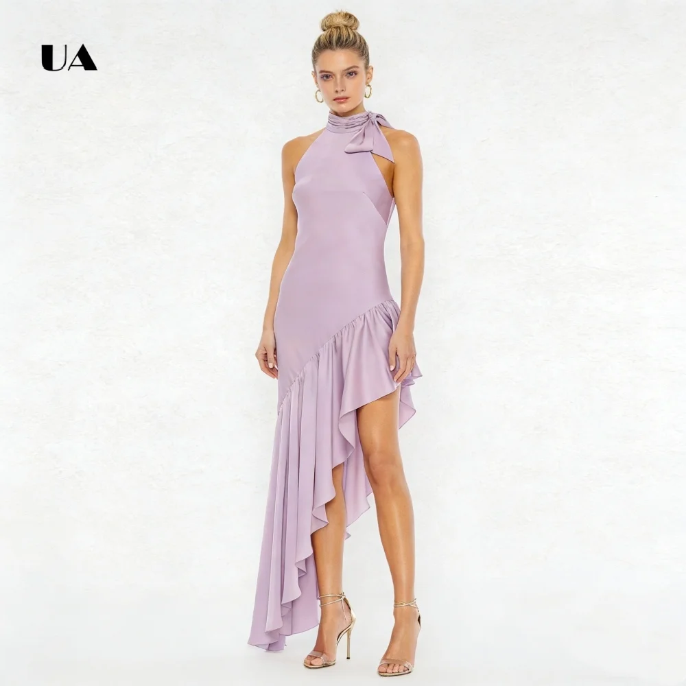 

ULBYANRY Satin Asymmetrical Prom Dress with Oversized Bow, Solid Halter Ruffled Evening Dress, Sleeveless Customized Party Gown