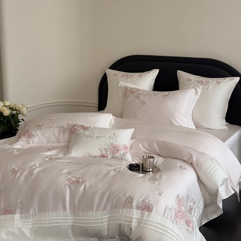 800TC Lyocell Soft Silky Cool Feeling Bedding Set Flower Embroidery Princess Duvet Cover Bed Sheet/Fitted Sheet Pillowcases 4Pcs