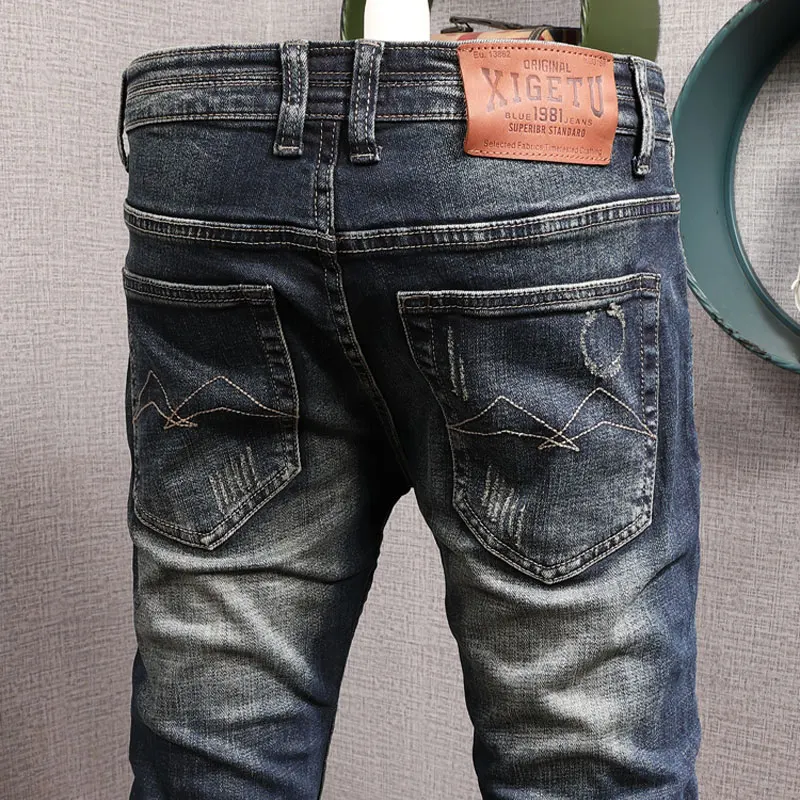 Newly Designer Fashion Men Jeans High Quality Retro Washed Blue Stretch Slim Fit Ripped Jeans Men Y2K Vintage Denim Pants Hombre