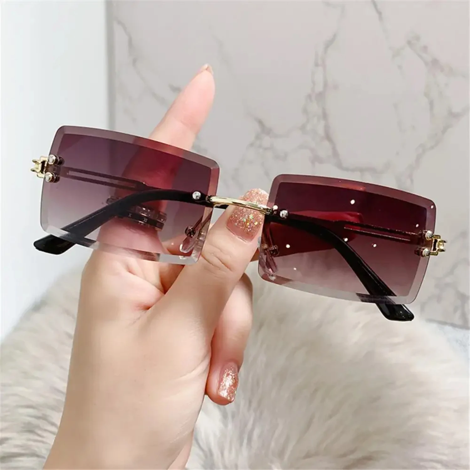 New 2023 Vintage  Sunglasses Rimless Rectangle Shades Gradient UV400 Traveling Frameless Sun Glasses  Women Cycling Shades