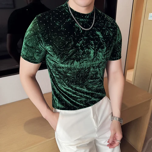 Camiseta bronceada de terciopelo dorado, novedad de verano, camiseta a la moda con cuello redondo para hombre, camiseta informal ajustada transpirable, jersey, ropa para hombre