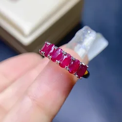 Luxury 925 Sterling Silver Oval Natural Ruby Half Eternity Rings for Women Fine Jewelry Ruby Gemstone Party Ring Wedding Gift