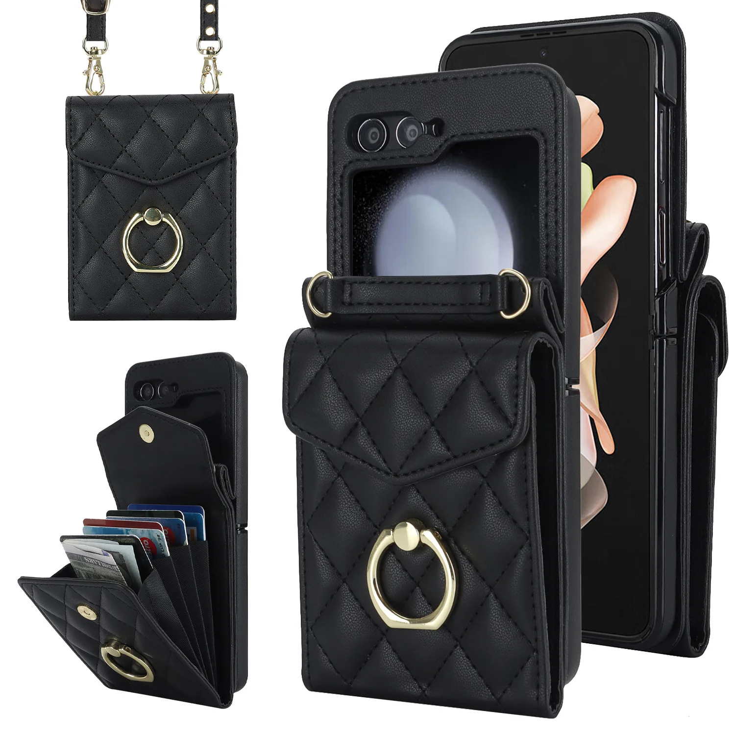 

case for Samsung Z Flip 7 6 5 4 3 Card slot wallet crossbody ring folding screen protective case Anti-Fingerprint plain shell